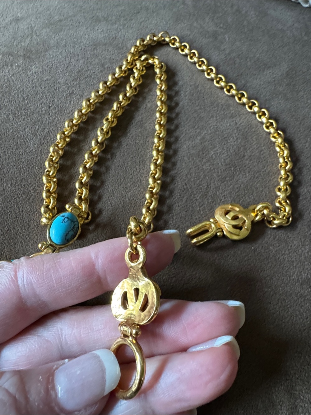 Channel RARE Gold Pendant Necklace w Turquoise Beads A Beauty 24k Gold Plated - Picture 5 of 9